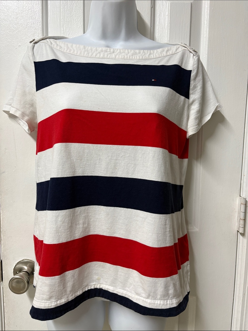 Tommy Hilfiger Navy, Red & White Striped Boatneck Short Sleeve Tee